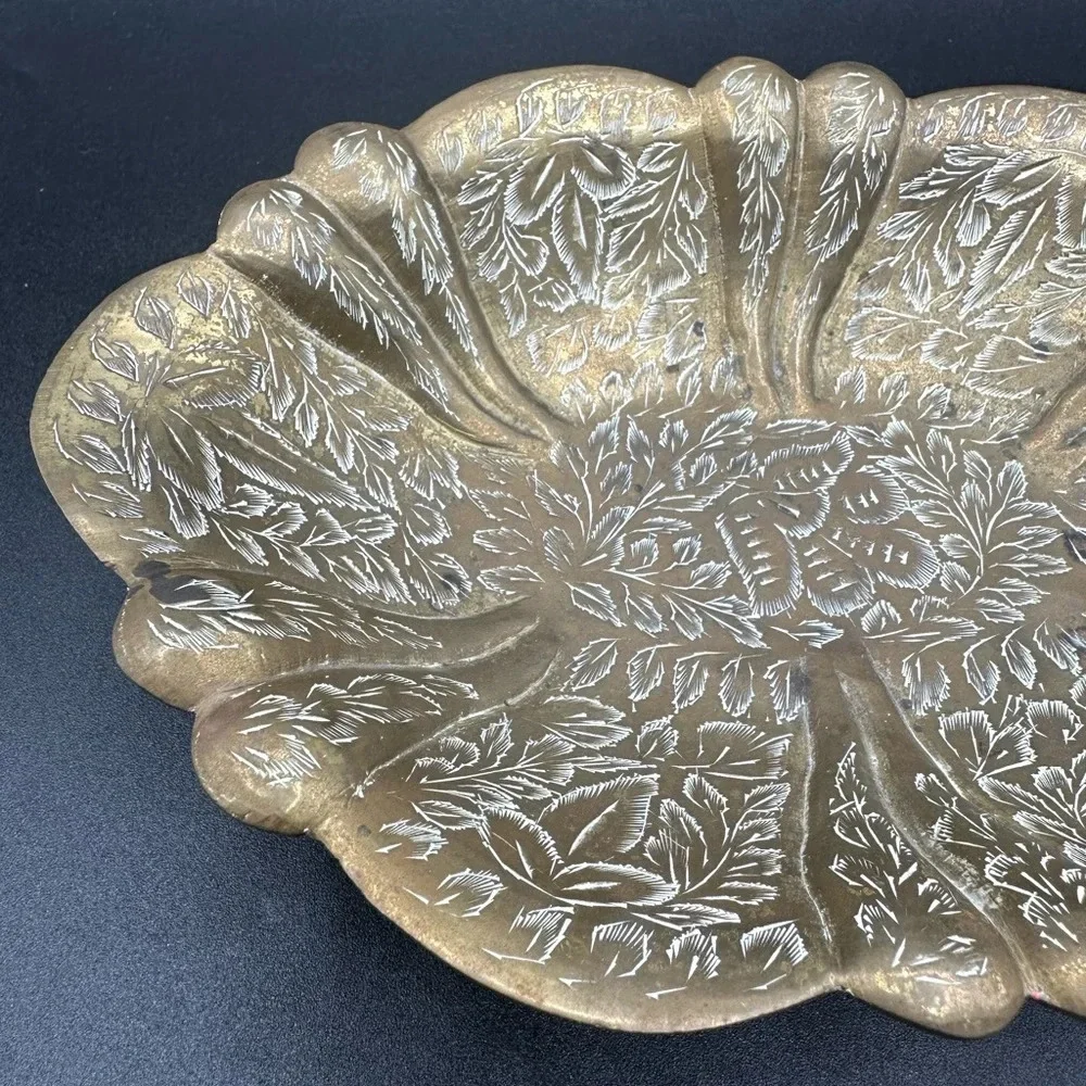Vintage Etched Brass Footed Dish Bowl Trinket Catchall Decor